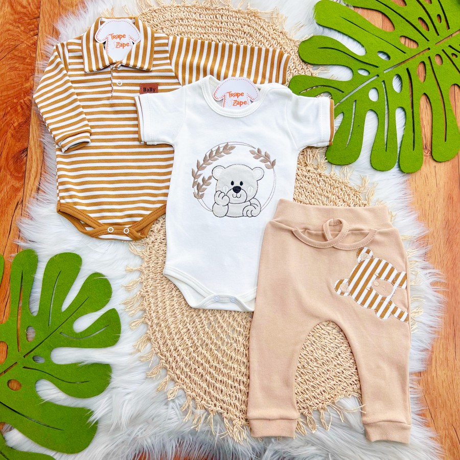  CONJ. DE MALHA 3 PEÇAS - Ursinho com Raminhos - Areia e Off White